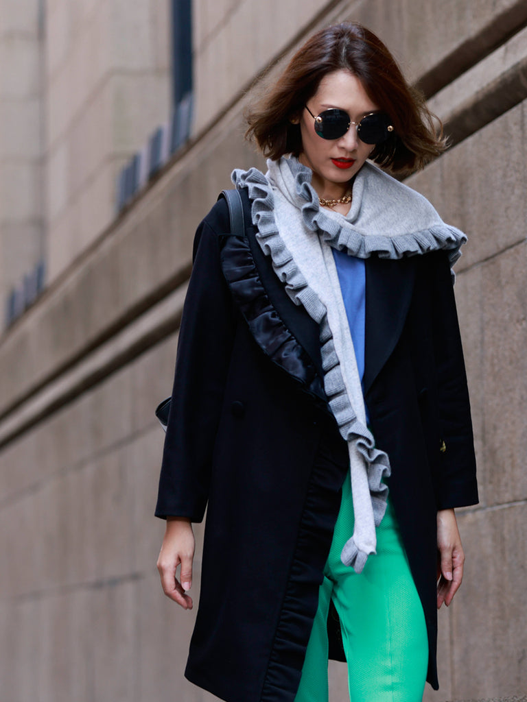 Surprise Sale! Tonal Grey Pleated Frills Wool & Cashmere Ruana - Scarf