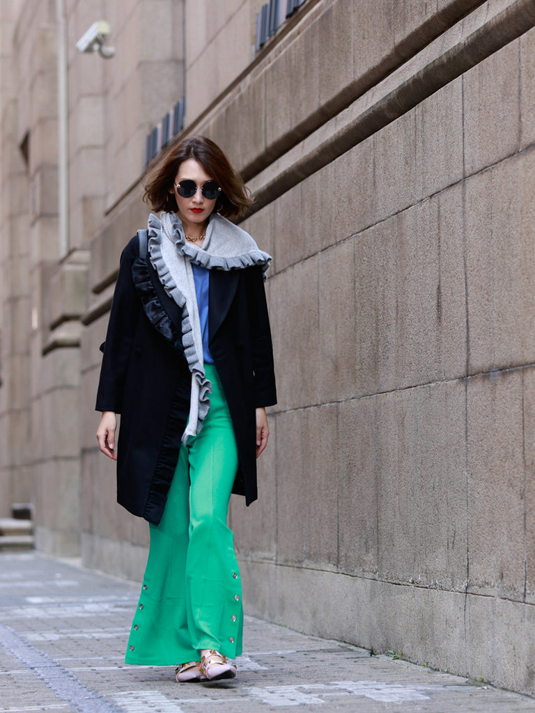 Surprise Sale! Tonal Grey Pleated Frills Wool & Cashmere Ruana - Scarf