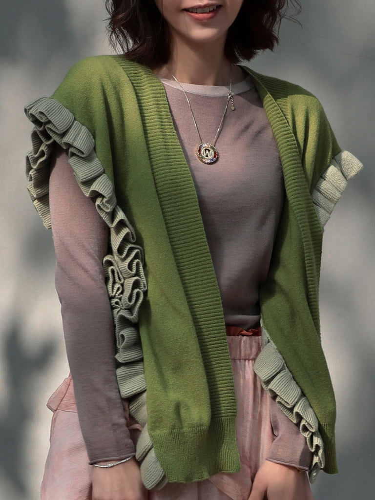 Olive Green Pleated Frills Wool & Cashmere Ruana - Scarf