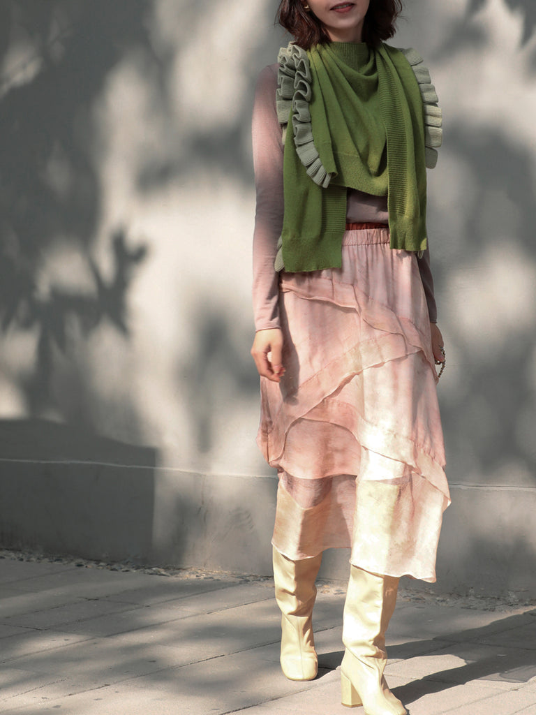 Olive Green Pleated Frills Wool & Cashmere Ruana - Scarf