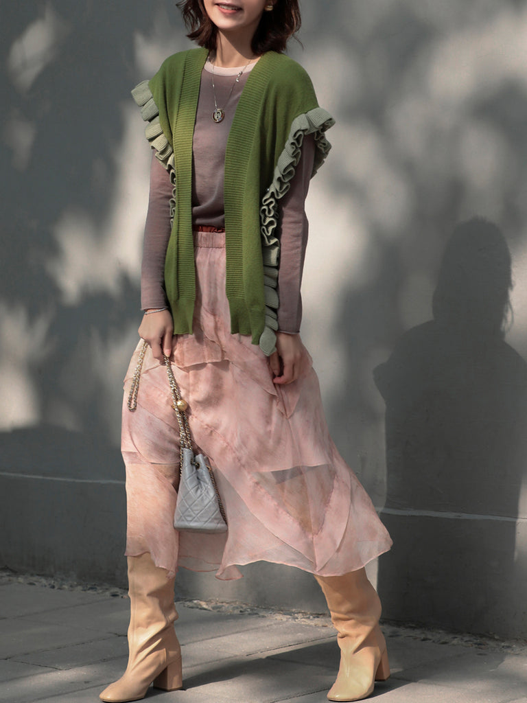 Olive Green Pleated Frills Wool & Cashmere Ruana - Scarf