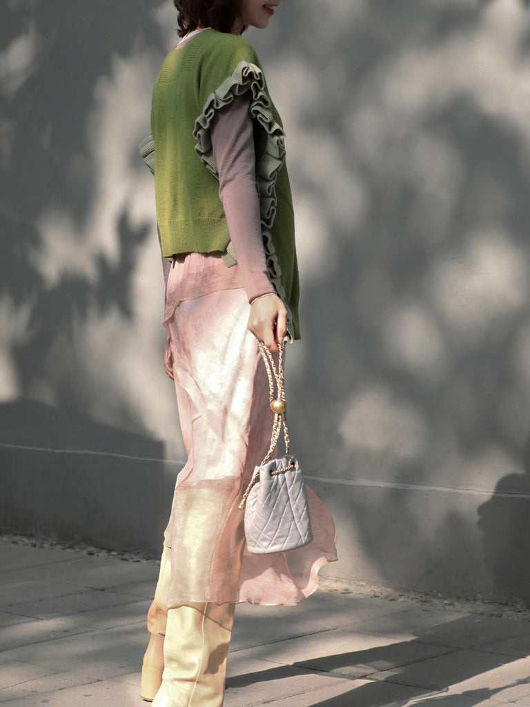 Olive Green Pleated Frills Wool & Cashmere Ruana - Scarf