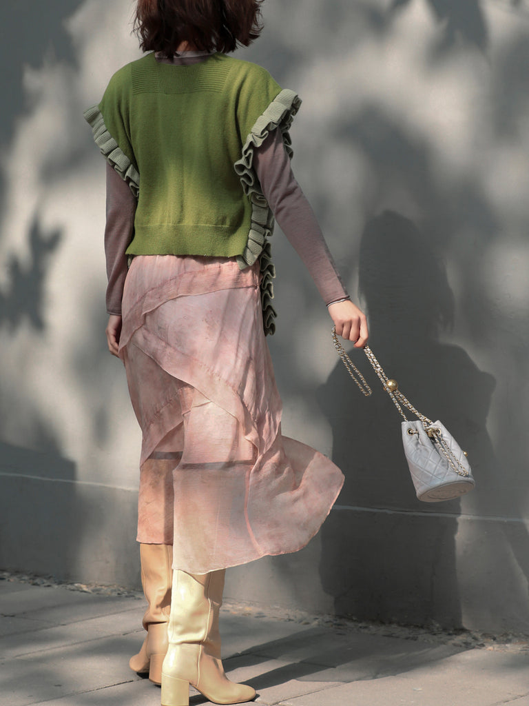 Olive Green Pleated Frills Wool & Cashmere Ruana - Scarf