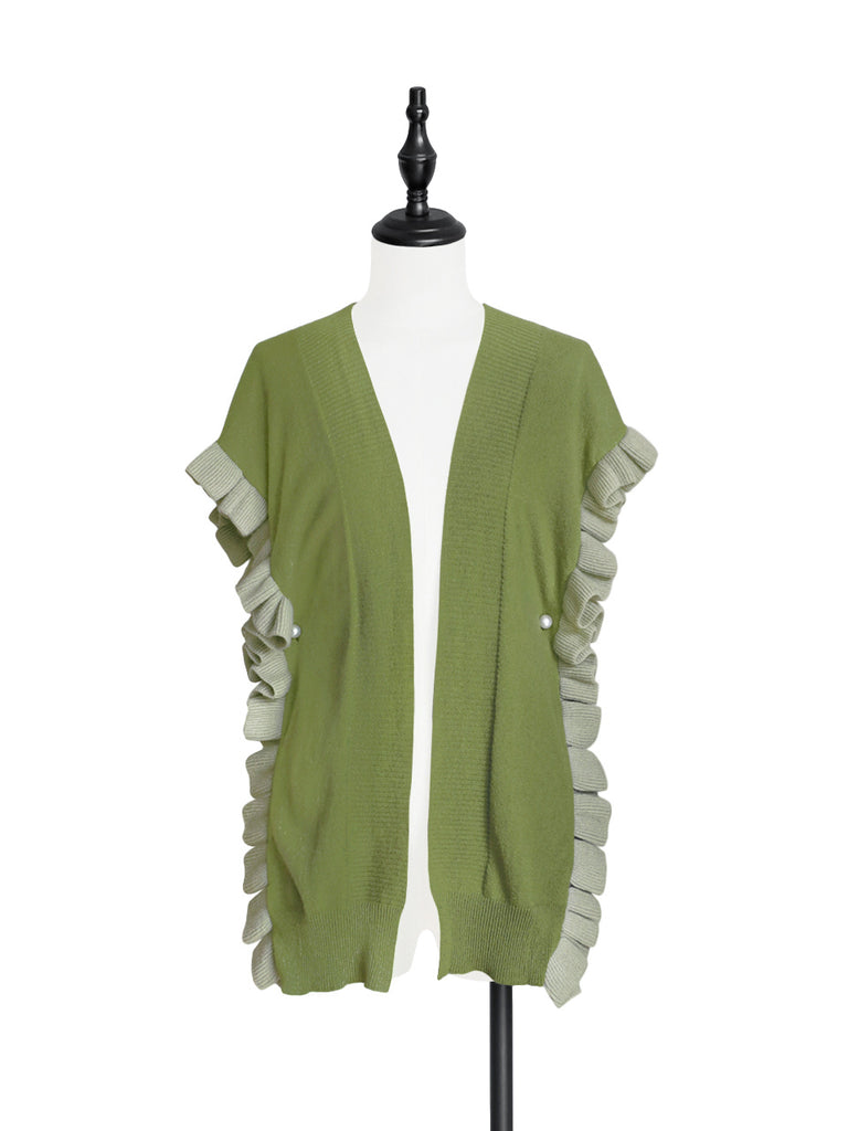 Olive Green Pleated Frills Wool & Cashmere Ruana - Scarf