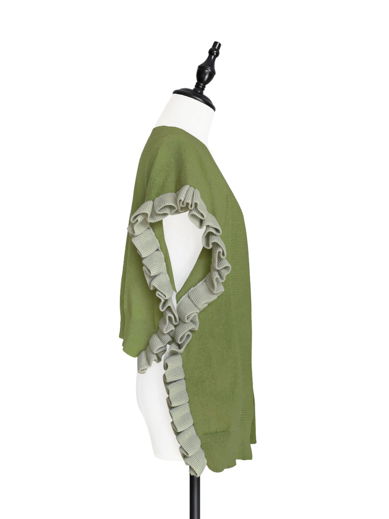 Olive Green Pleated Frills Wool & Cashmere Ruana - Scarf