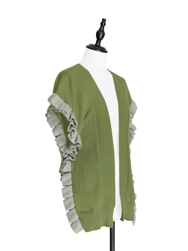 Olive Green Pleated Frills Wool & Cashmere Ruana - Scarf