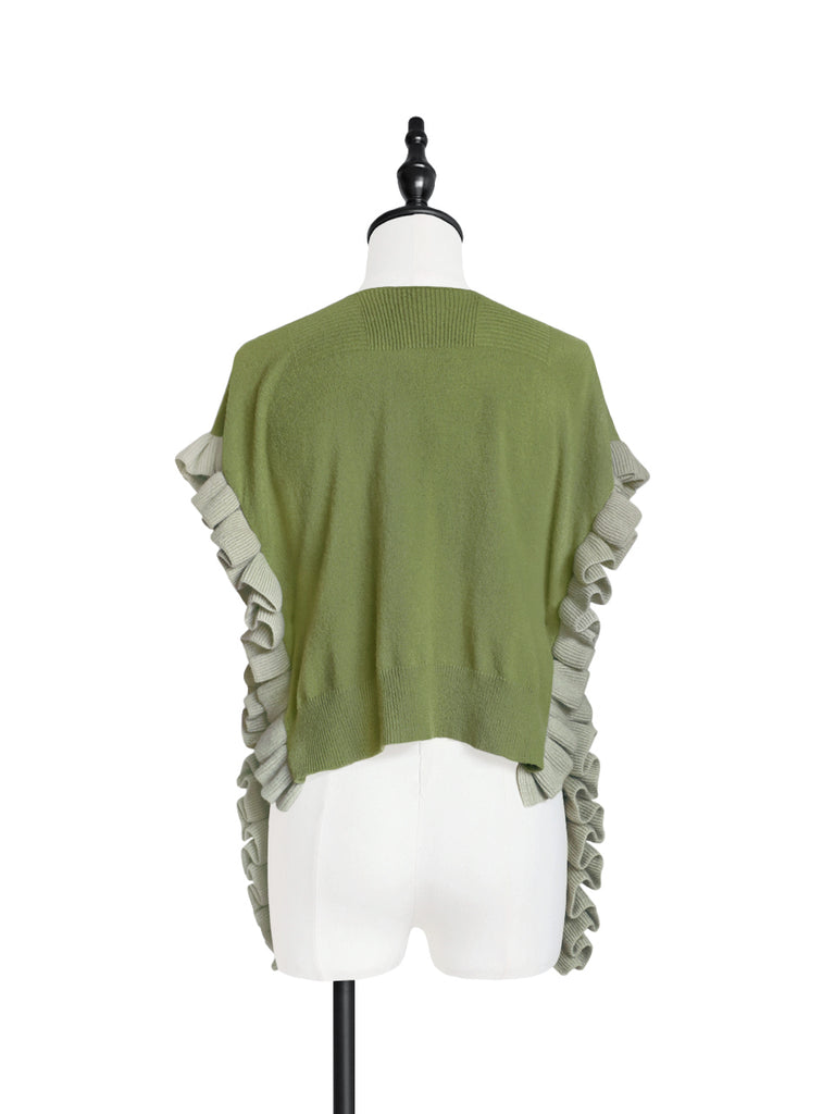 Olive Green Pleated Frills Wool & Cashmere Ruana - Scarf