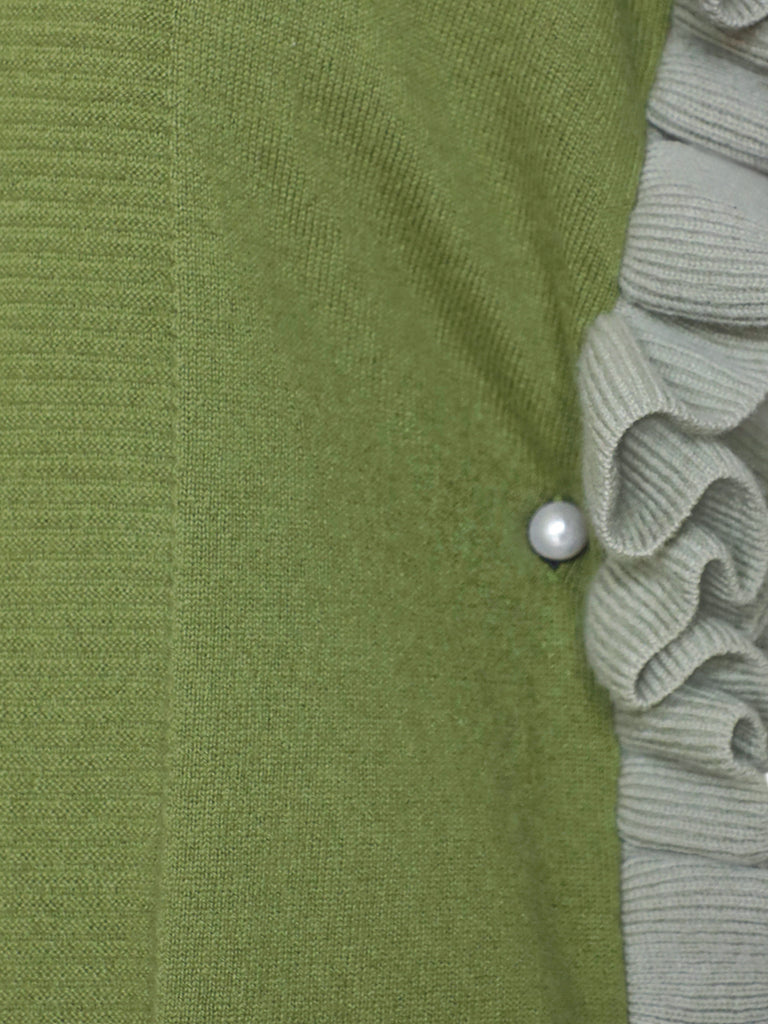 Olive Green Pleated Frills Wool & Cashmere Ruana - Scarf