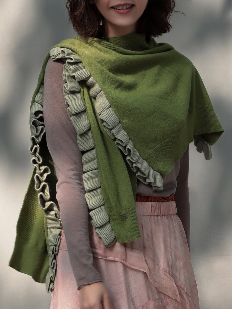 Olive Green Pleated Frills Wool & Cashmere Ruana - Scarf
