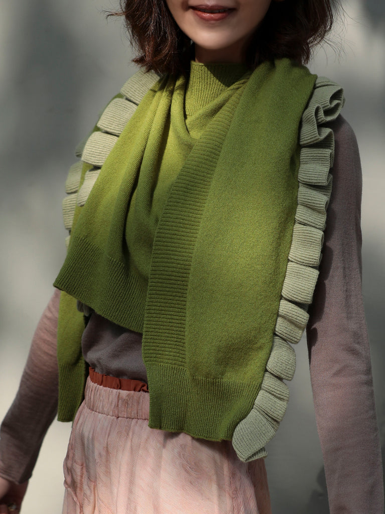 Olive Green Pleated Frills Wool & Cashmere Ruana - Scarf