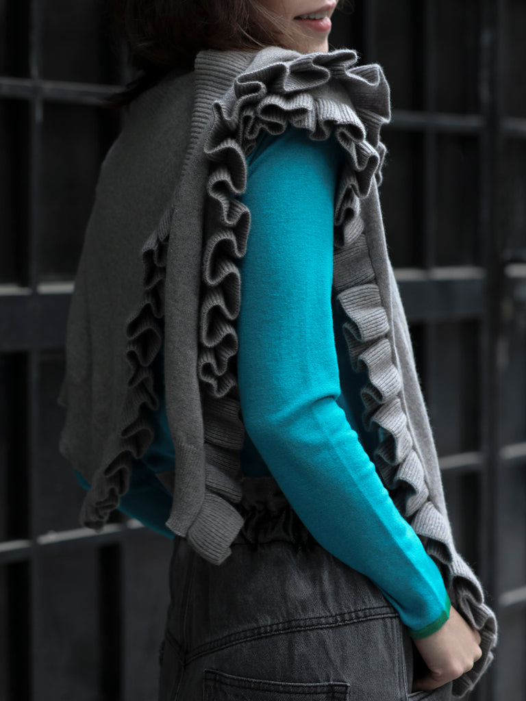 Grey Marl Pleated Frills Wool & Cashmere Ruana - Scarf