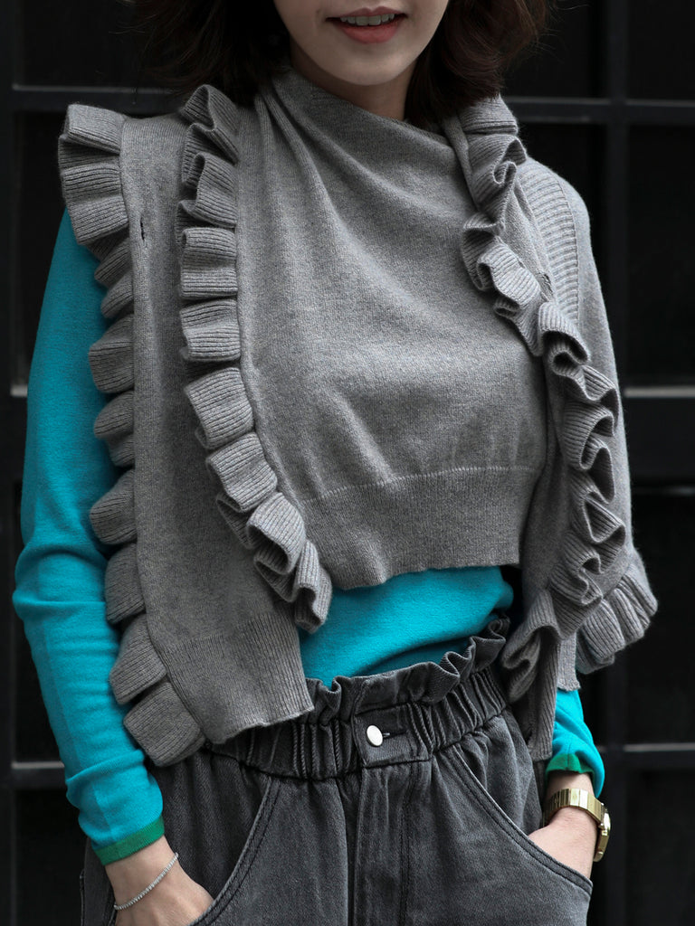 Grey Marl Pleated Frills Wool & Cashmere Ruana - Scarf