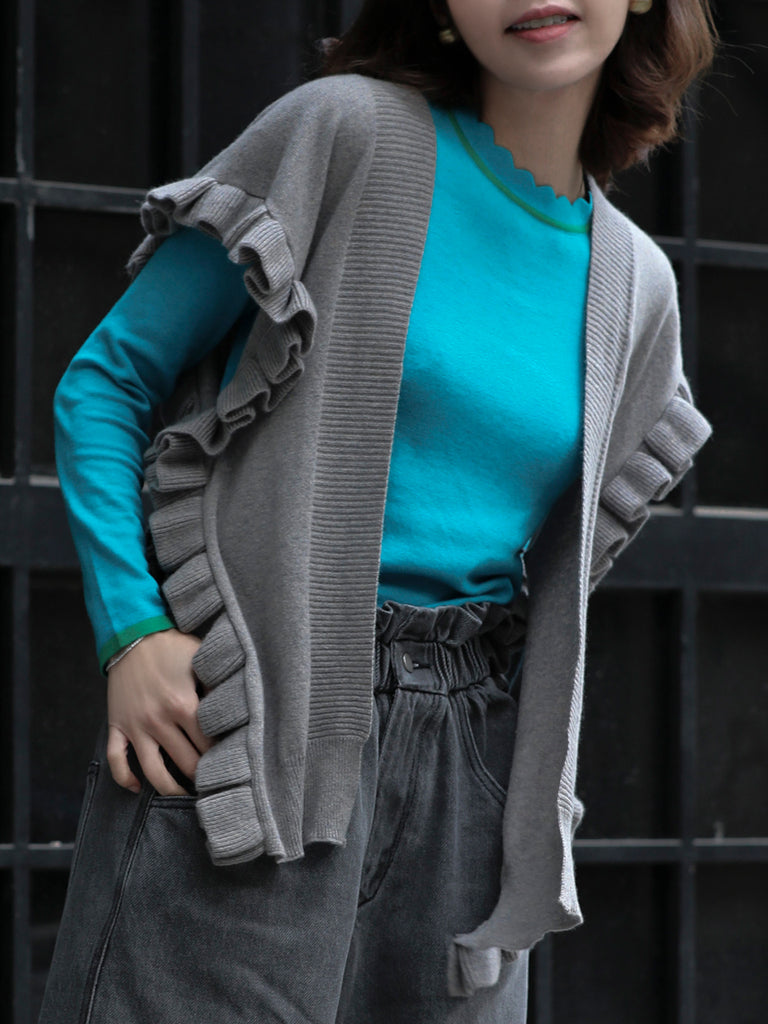 Grey Marl Pleated Frills Wool & Cashmere Ruana - Scarf