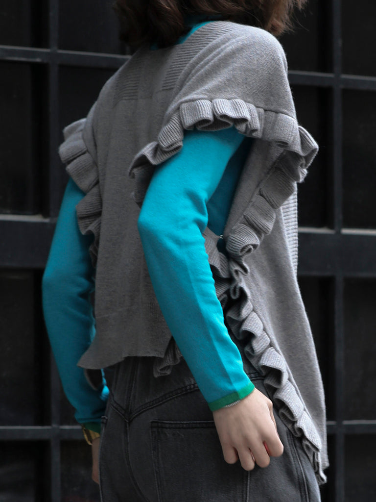 Grey Marl Pleated Frills Wool & Cashmere Ruana - Scarf