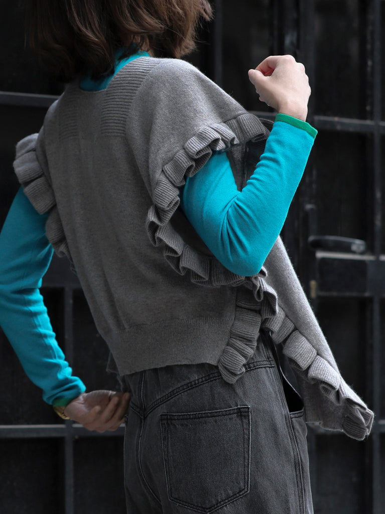 Grey Marl Pleated Frills Wool & Cashmere Ruana - Scarf