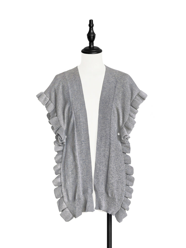 Grey Marl Pleated Frills Wool & Cashmere Ruana - Scarf