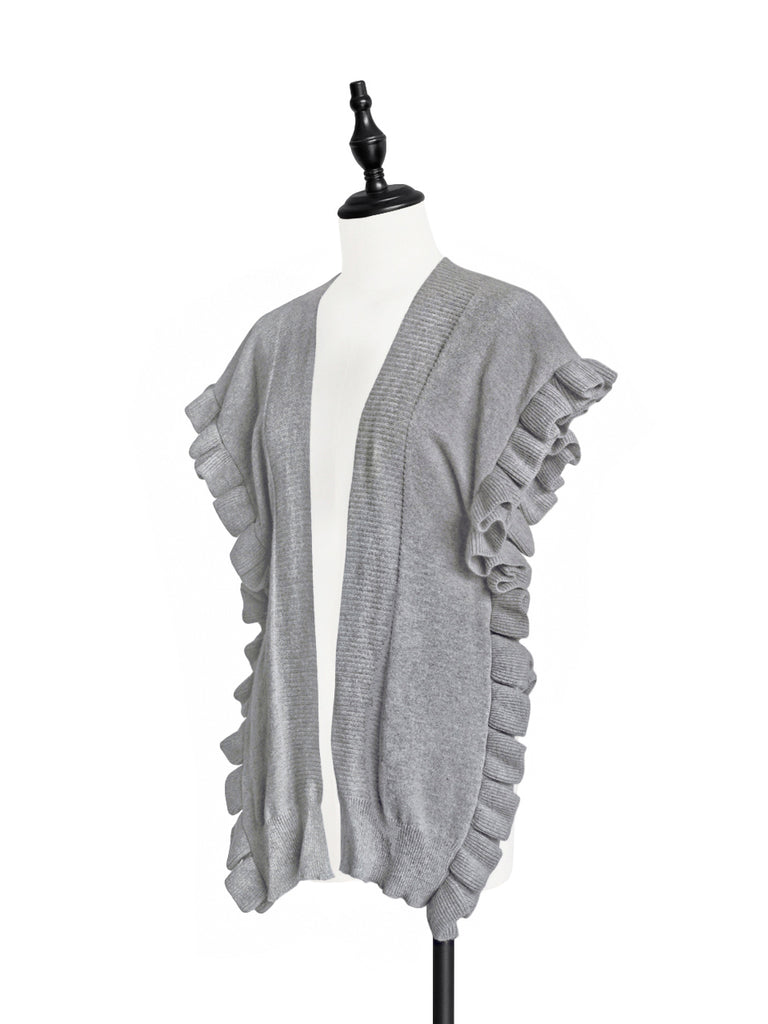 Grey Marl Pleated Frills Wool & Cashmere Ruana - Scarf