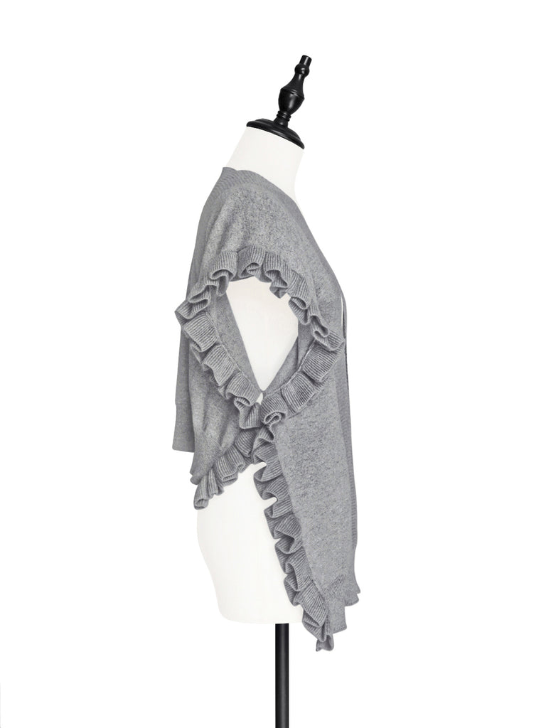 Grey Marl Pleated Frills Wool & Cashmere Ruana - Scarf