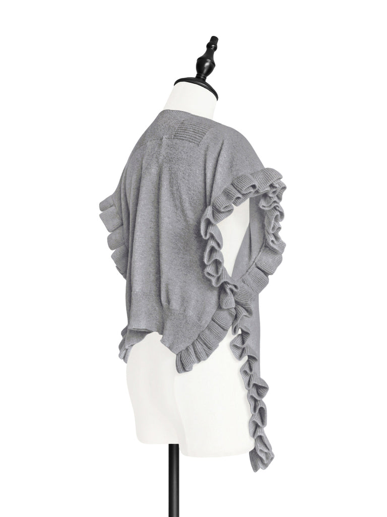 Grey Marl Pleated Frills Wool & Cashmere Ruana - Scarf