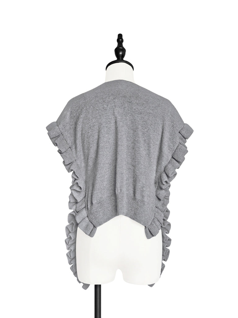 Grey Marl Pleated Frills Wool & Cashmere Ruana - Scarf