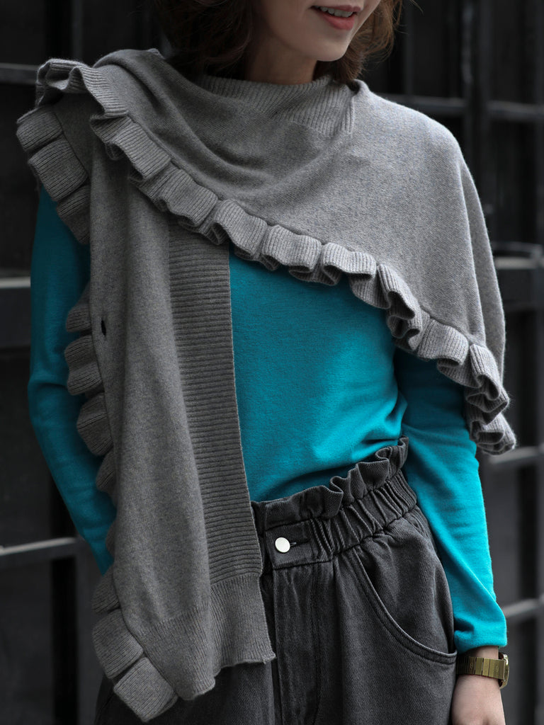 Grey Marl Pleated Frills Wool & Cashmere Ruana - Scarf
