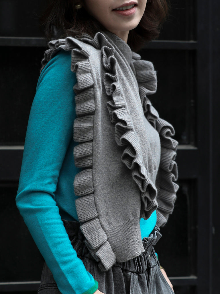 Grey Marl Pleated Frills Wool & Cashmere Ruana - Scarf