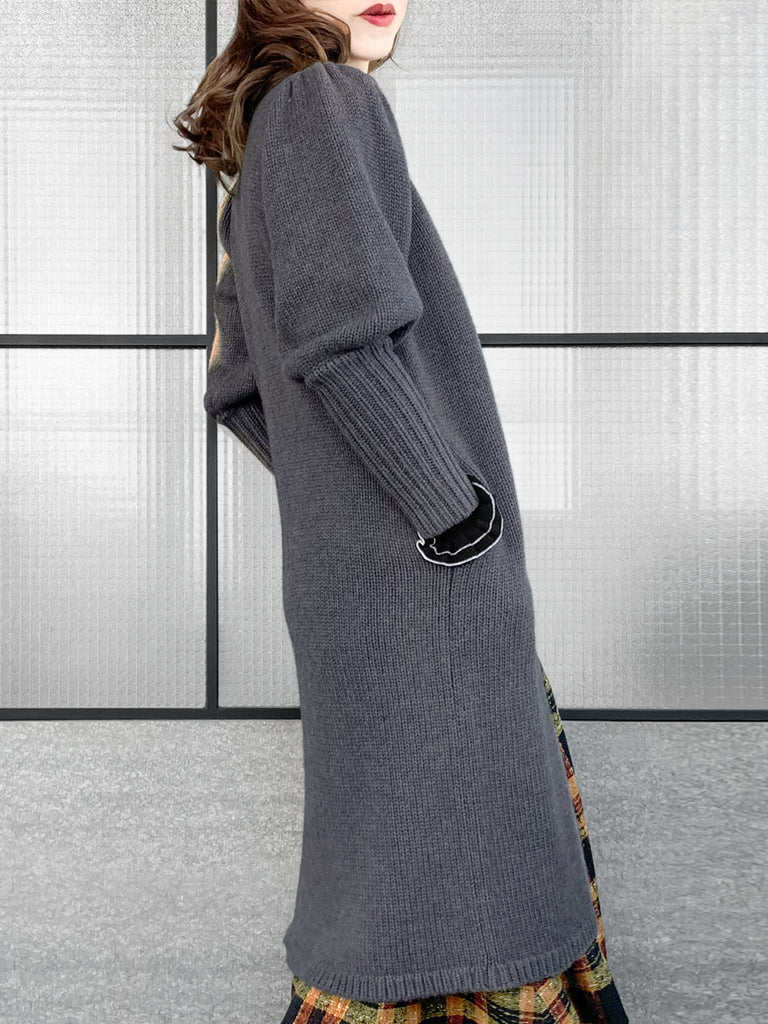 驚喜促銷!灰色羊毛和羊絨荷葉邊開衩長版開襟衫