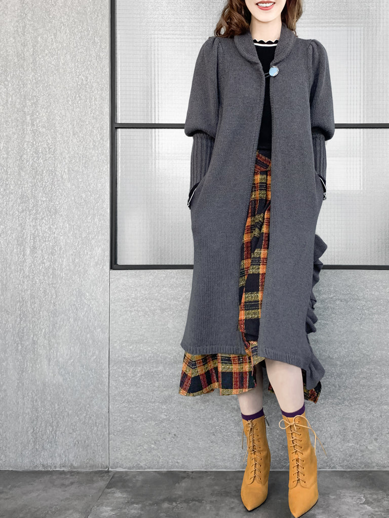 驚喜促銷!灰色羊毛和羊絨荷葉邊開衩長版開襟衫