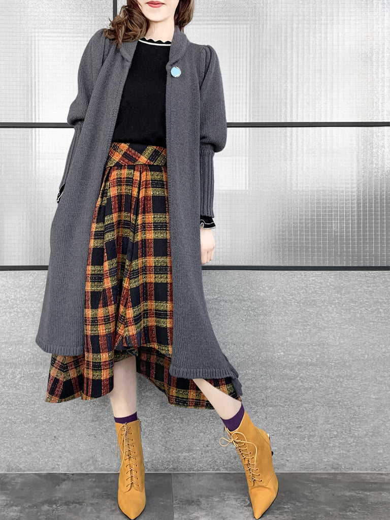 驚喜促銷!灰色羊毛和羊絨荷葉邊開衩長版開襟衫