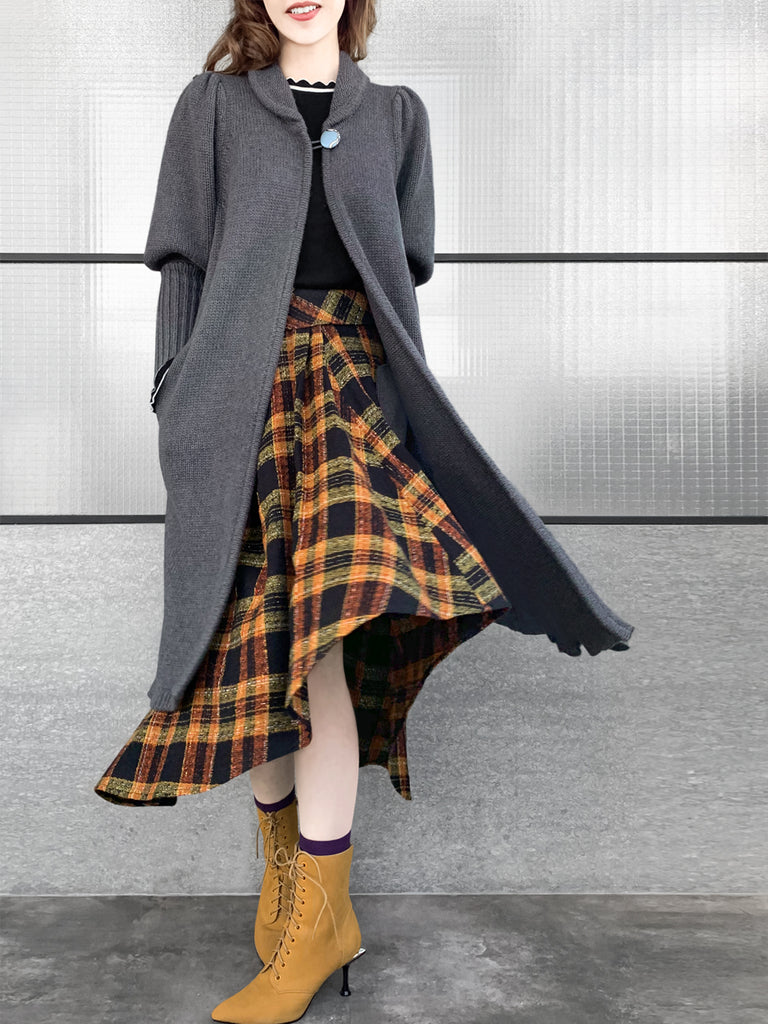 驚喜促銷!灰色羊毛和羊絨荷葉邊開衩長版開襟衫