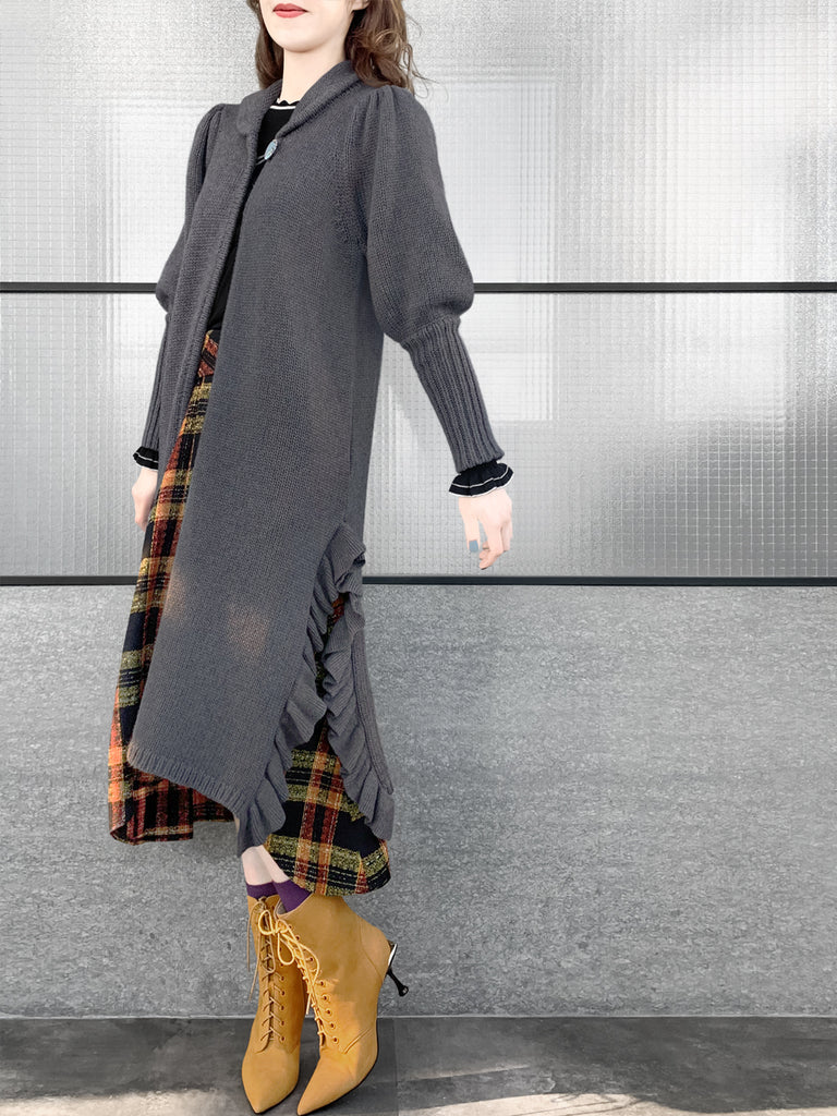 驚喜促銷!灰色羊毛和羊絨荷葉邊開衩長版開襟衫