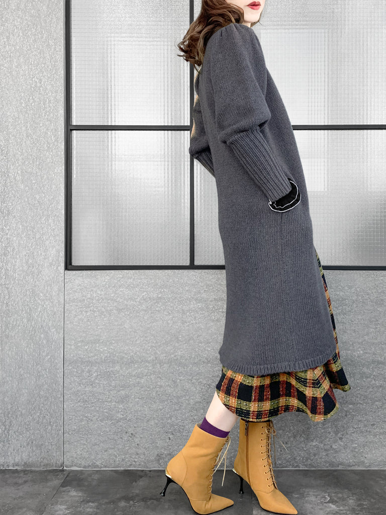 驚喜促銷!灰色羊毛和羊絨荷葉邊開衩長版開襟衫