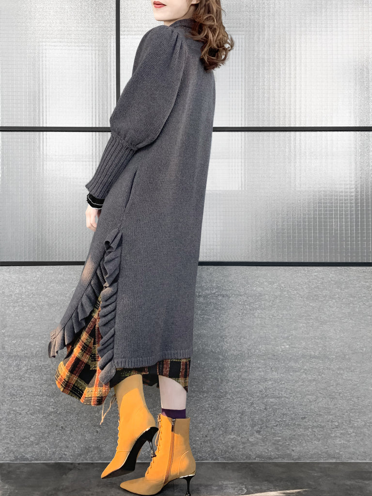 驚喜促銷!灰色羊毛和羊絨荷葉邊開衩長版開襟衫