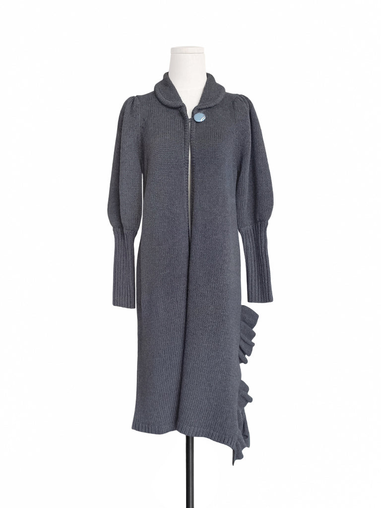 驚喜促銷!灰色羊毛和羊絨荷葉邊開衩長版開襟衫
