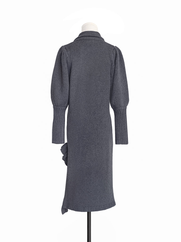 驚喜促銷!灰色羊毛和羊絨荷葉邊開衩長版開襟衫