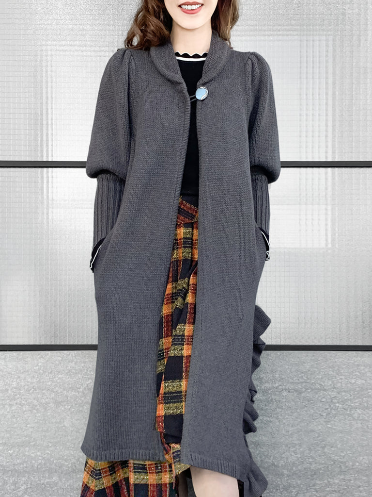 驚喜促銷!灰色羊毛和羊絨荷葉邊開衩長版開襟衫