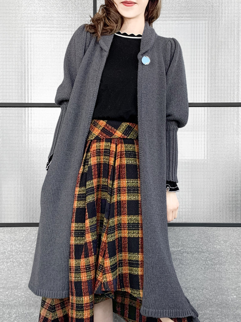 驚喜促銷!灰色羊毛和羊絨荷葉邊開衩長版開襟衫