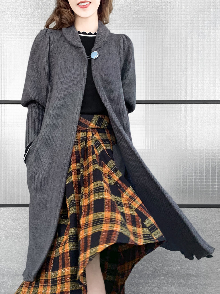 驚喜促銷!灰色羊毛和羊絨荷葉邊開衩長版開襟衫