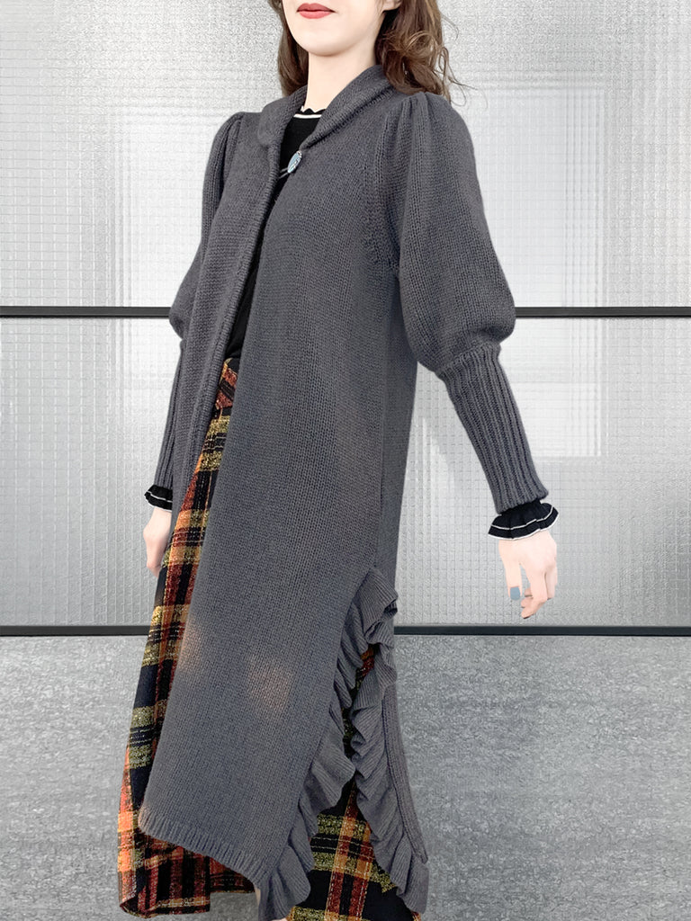 驚喜促銷!灰色羊毛和羊絨荷葉邊開衩長版開襟衫