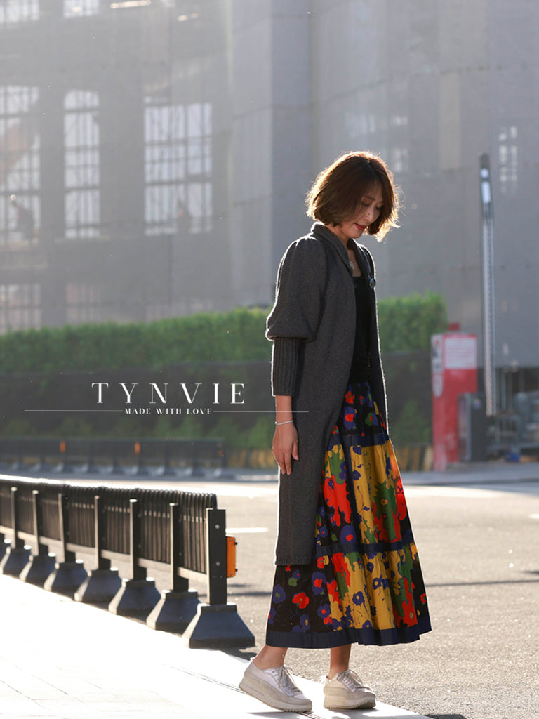 驚喜促銷!灰色羊毛和羊絨荷葉邊開衩長版開襟衫