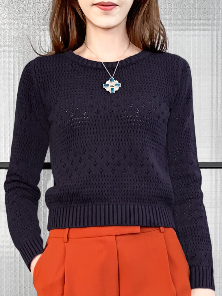 Last Chance! Purplish Grey Mixed Stitches Cotton Blend Crop Sweater