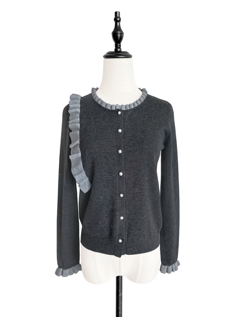 Final Sale! Dark/ Light Grey Contrast Ruffle Cashmere & Wool Cardigan