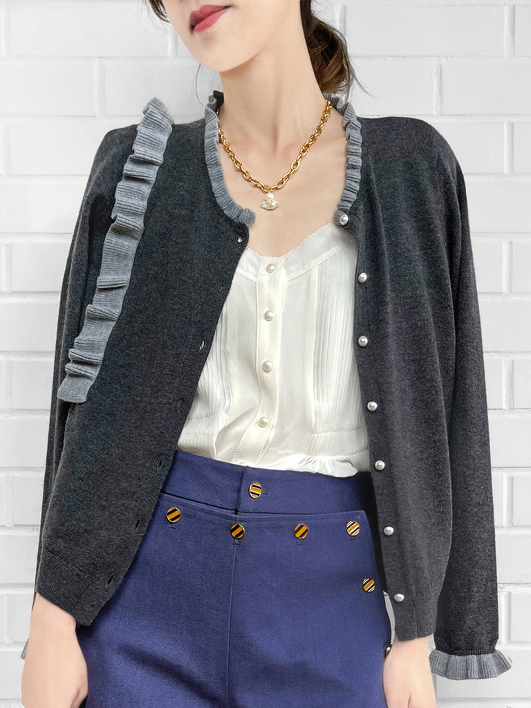 Final Sale! Dark/ Light Grey Contrast Ruffle Cashmere & Wool Cardigan