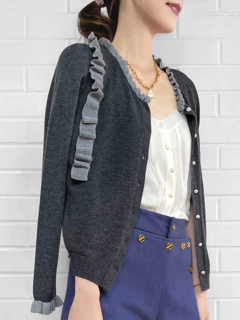 Final Sale! Dark/ Light Grey Contrast Ruffle Cashmere & Wool Cardigan