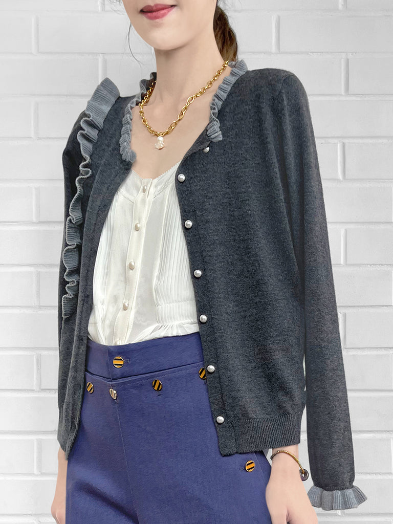 Final Sale! Dark/ Light Grey Contrast Ruffle Cashmere & Wool Cardigan