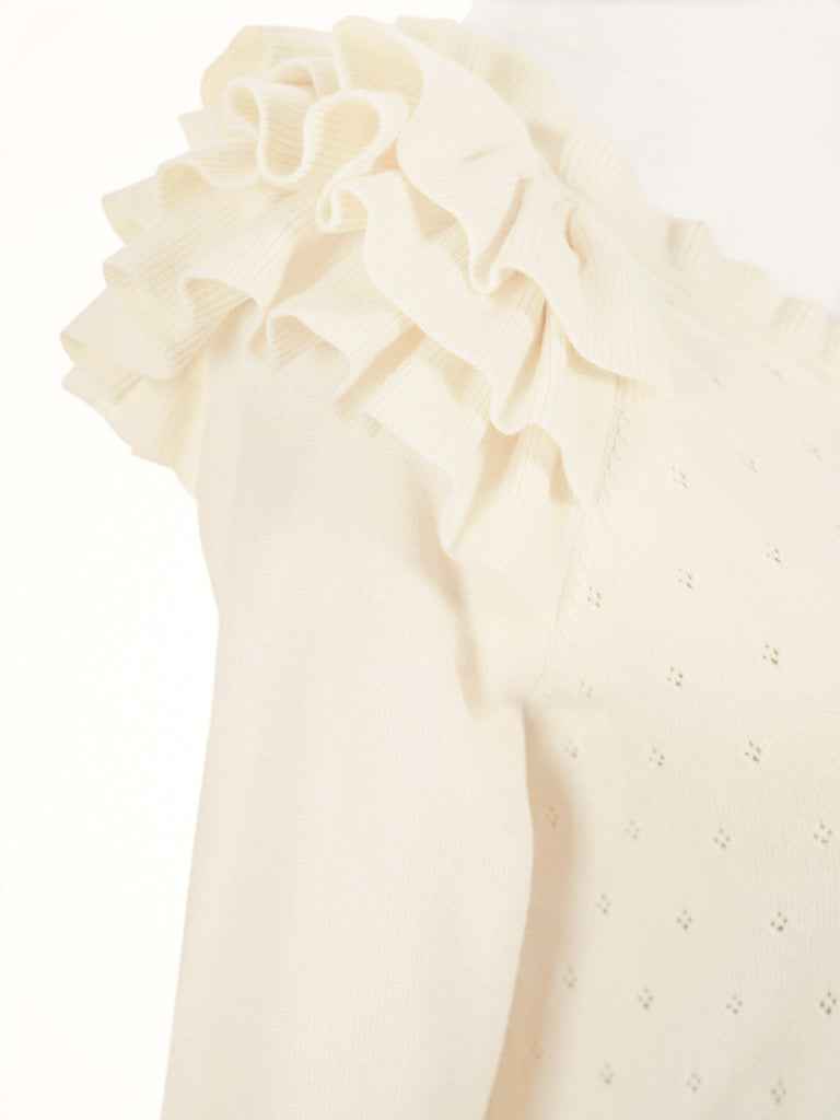 Last Chance! Ivory Tiered Ruffle Shoulder Pointelle Cardigan