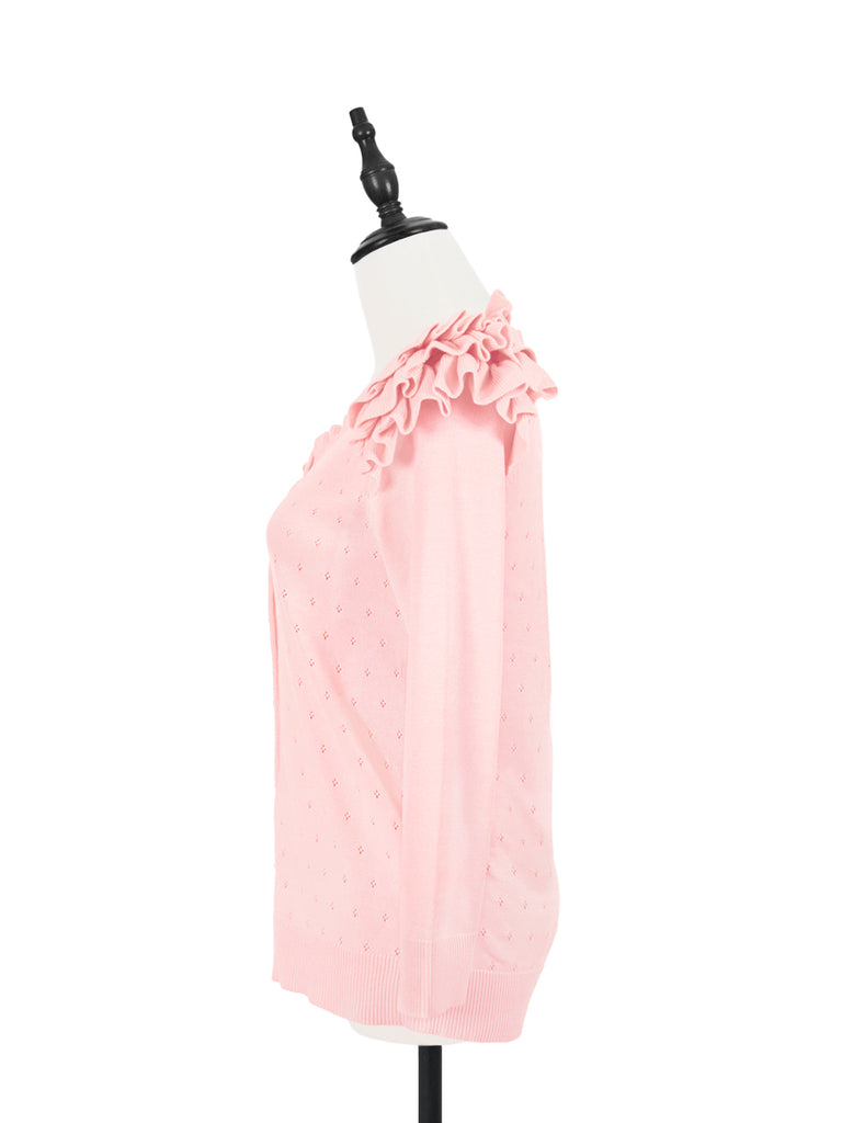 驚喜促銷!粉紅色分層荷葉邊肩挑窿開襟衫