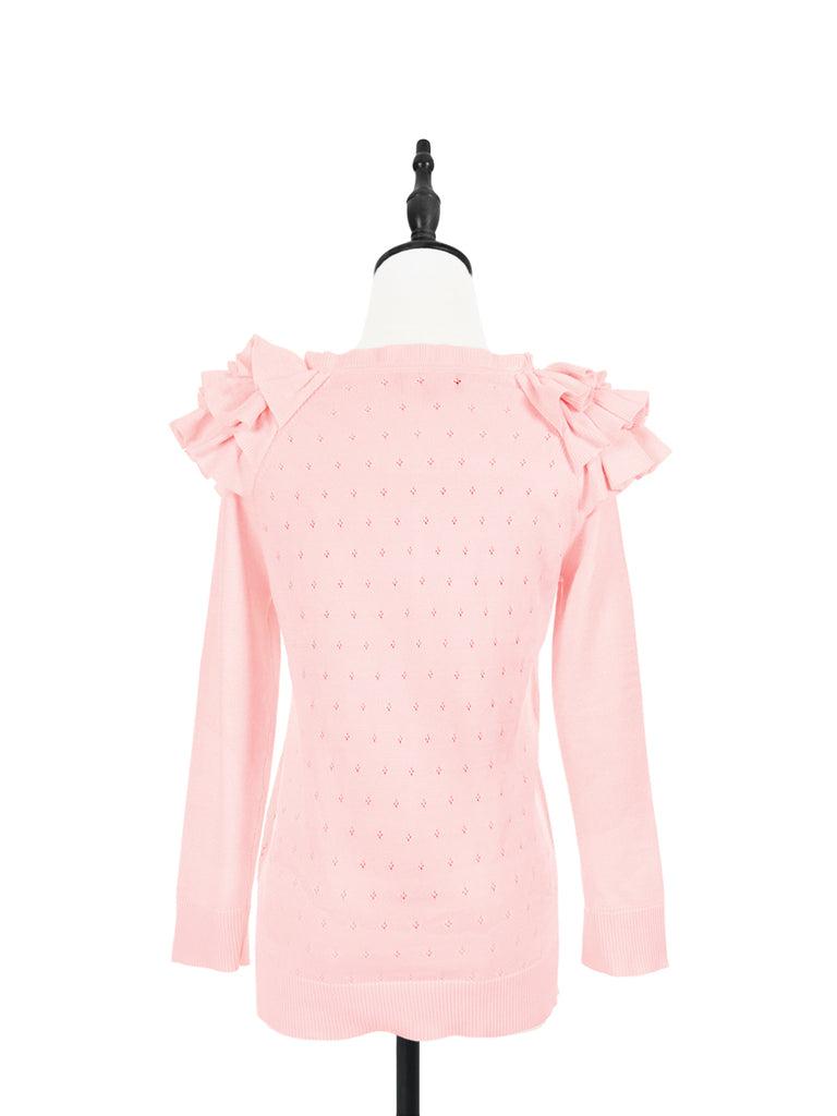 驚喜促銷!粉紅色分層荷葉邊肩挑窿開襟衫