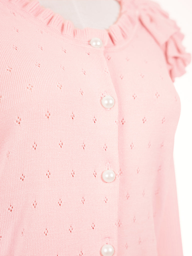 驚喜促銷!粉紅色分層荷葉邊肩挑窿開襟衫