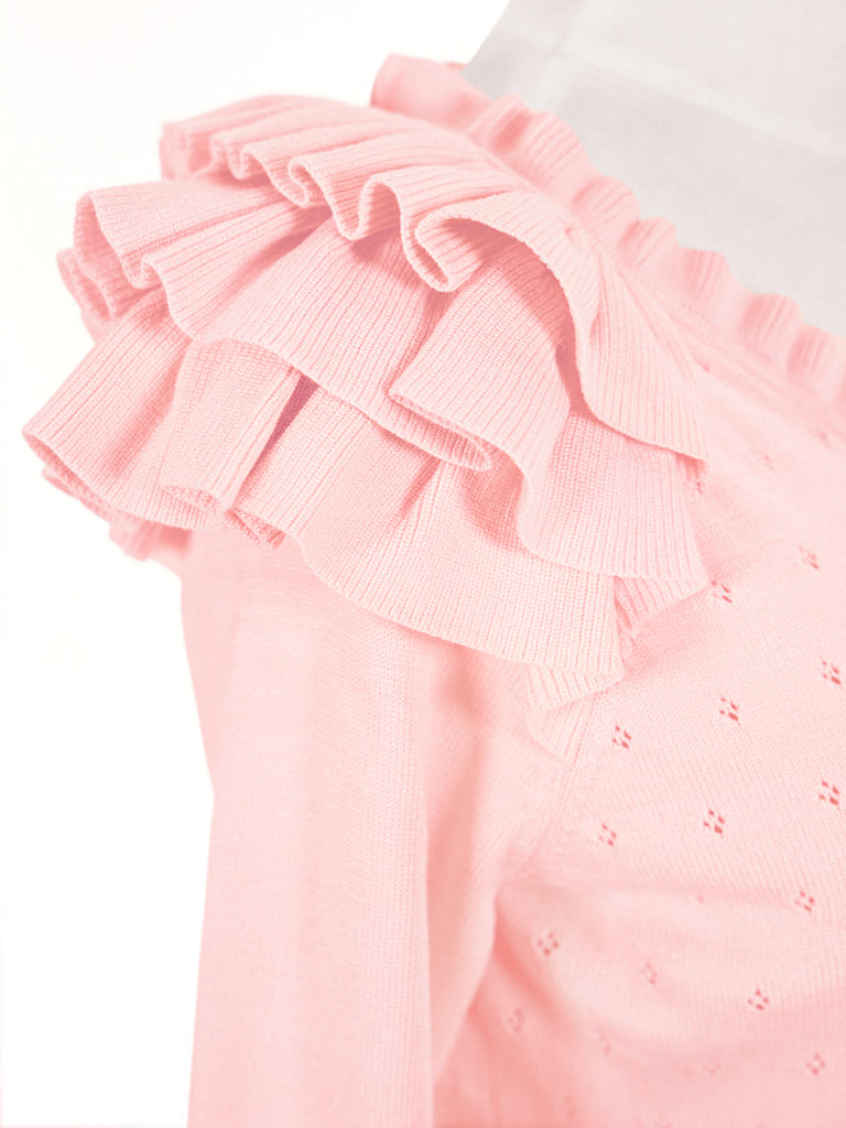 驚喜促銷!粉紅色分層荷葉邊肩挑窿開襟衫